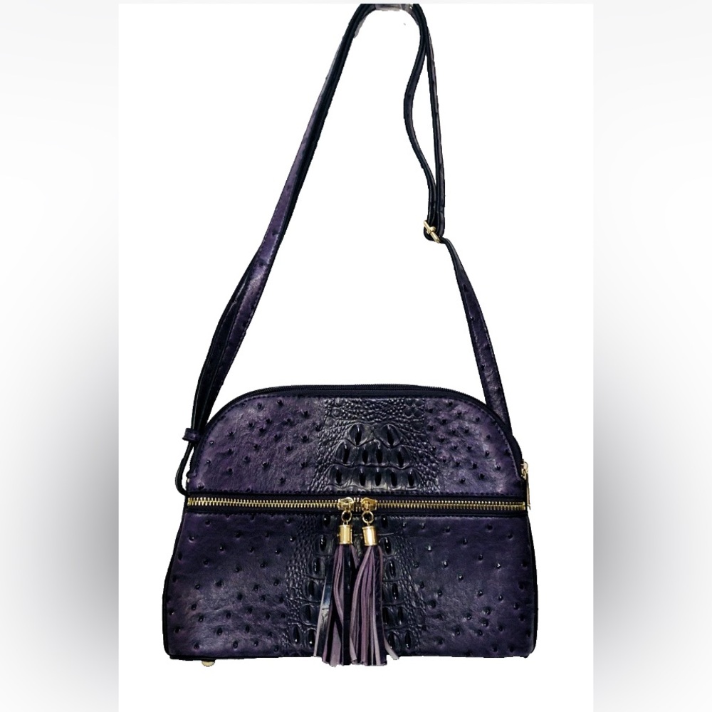 Purple Ostrich-Texture Crossbody with Tassel Detail